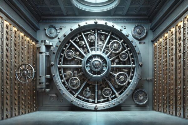 A secure bank vault with a heavy metal door, intricate locking mechanisms, and dim lighting, creating a mysterious and challenging atmosphere.