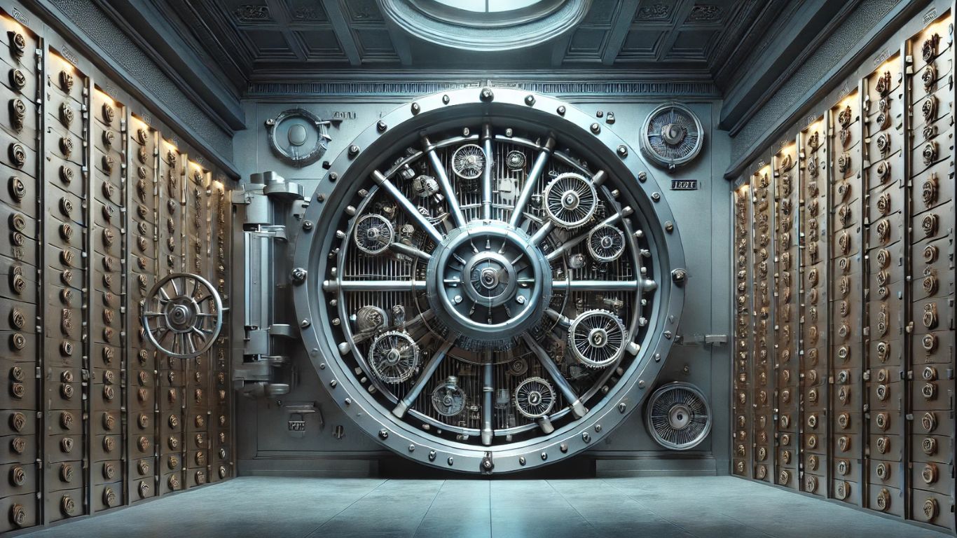 A secure bank vault with a heavy metal door, intricate locking mechanisms, and dim lighting, creating a mysterious and challenging atmosphere.