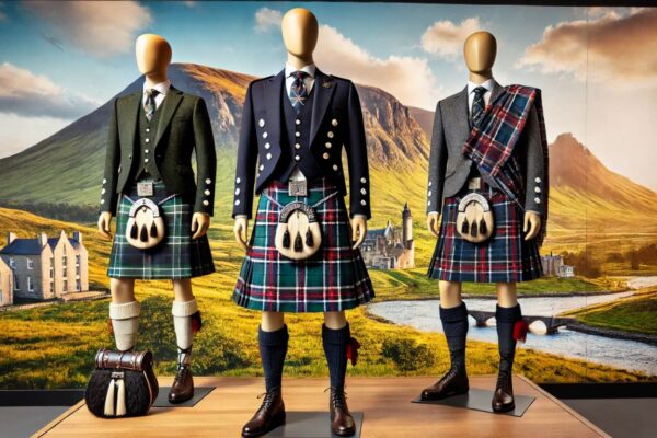 A traditional Scottish Best place to buy a kilt onlinedisplayed on a mannequin with a scenic Highland backdrop, featuring a tartan pattern, a sporran, and knee-high socks.