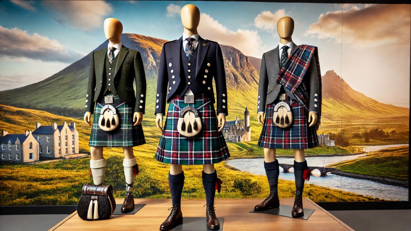 A traditional Scottish Best place to buy a kilt onlinedisplayed on a mannequin with a scenic Highland backdrop, featuring a tartan pattern, a sporran, and knee-high socks.