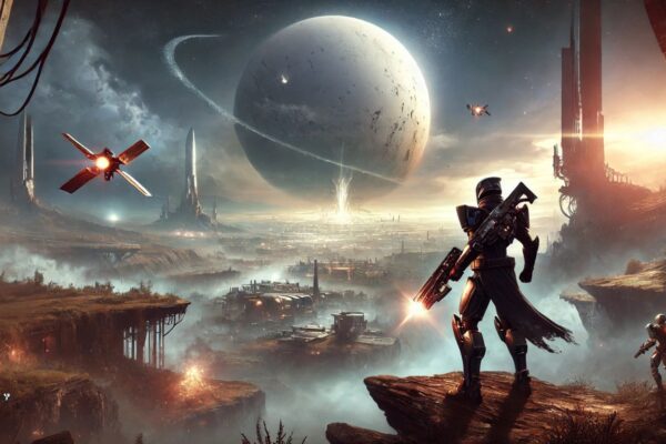 Futuristic sci-fi battlefield featuring a Guardian in high-tech armor wielding a glowing energy weapon, overlooking a destiny 2 reaching within city with alien structures.