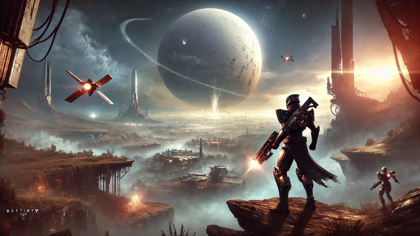 Futuristic sci-fi battlefield featuring a Guardian in high-tech armor wielding a glowing energy weapon, overlooking a destiny 2 reaching within city with alien structures.