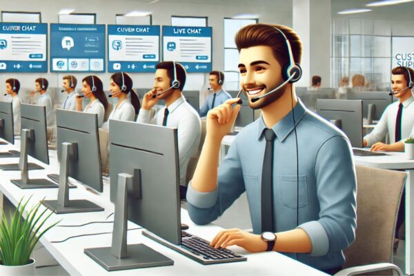 A modern customer support center with representatives assisting customers via phone, email, and live chat in a bright, well-organized office.