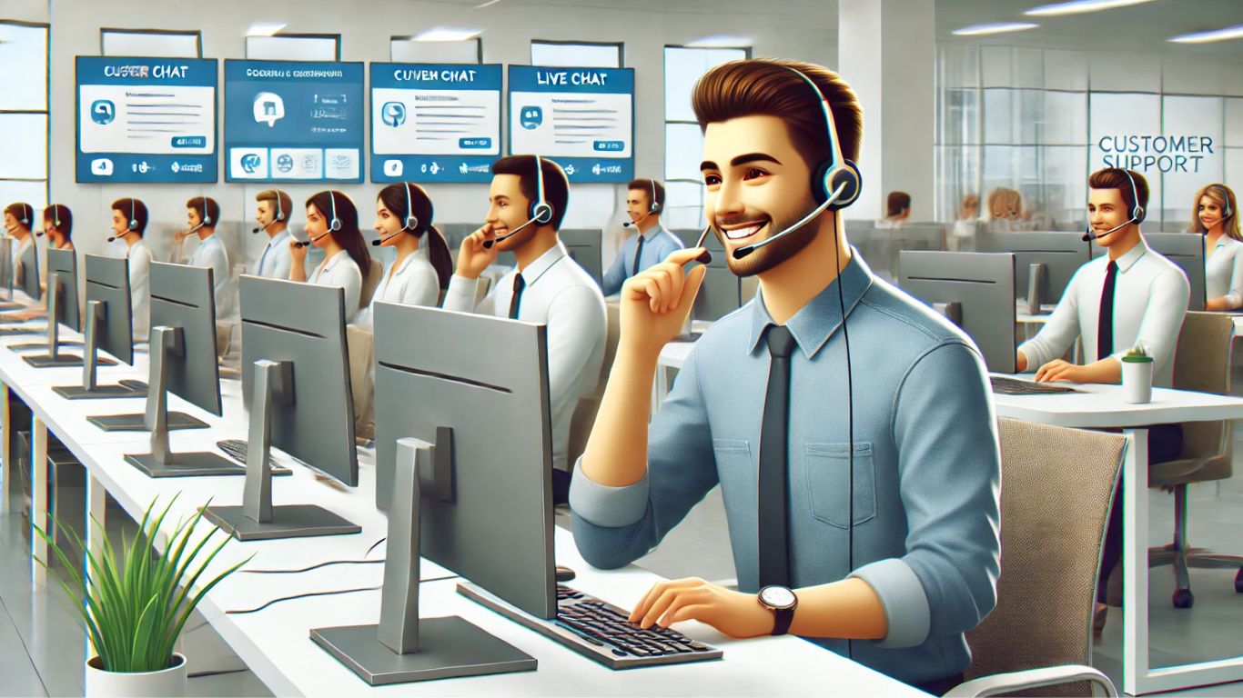 A modern customer support center with representatives assisting customers via phone, email, and live chat in a bright, well-organized office.