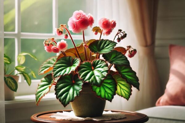 Begonia Mallacoota plant with lush green leaves and delicate pink flowers in a decorative pot near a bright window, illuminated by soft natural light