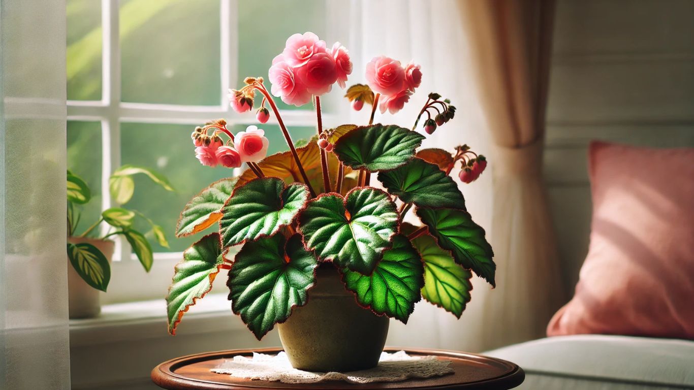 Begonia Mallacoota plant with lush green leaves and delicate pink flowers in a decorative pot near a bright window, illuminated by soft natural light